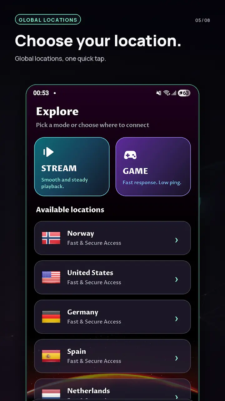 Exir VPN global locations, Stream mode and Game mode