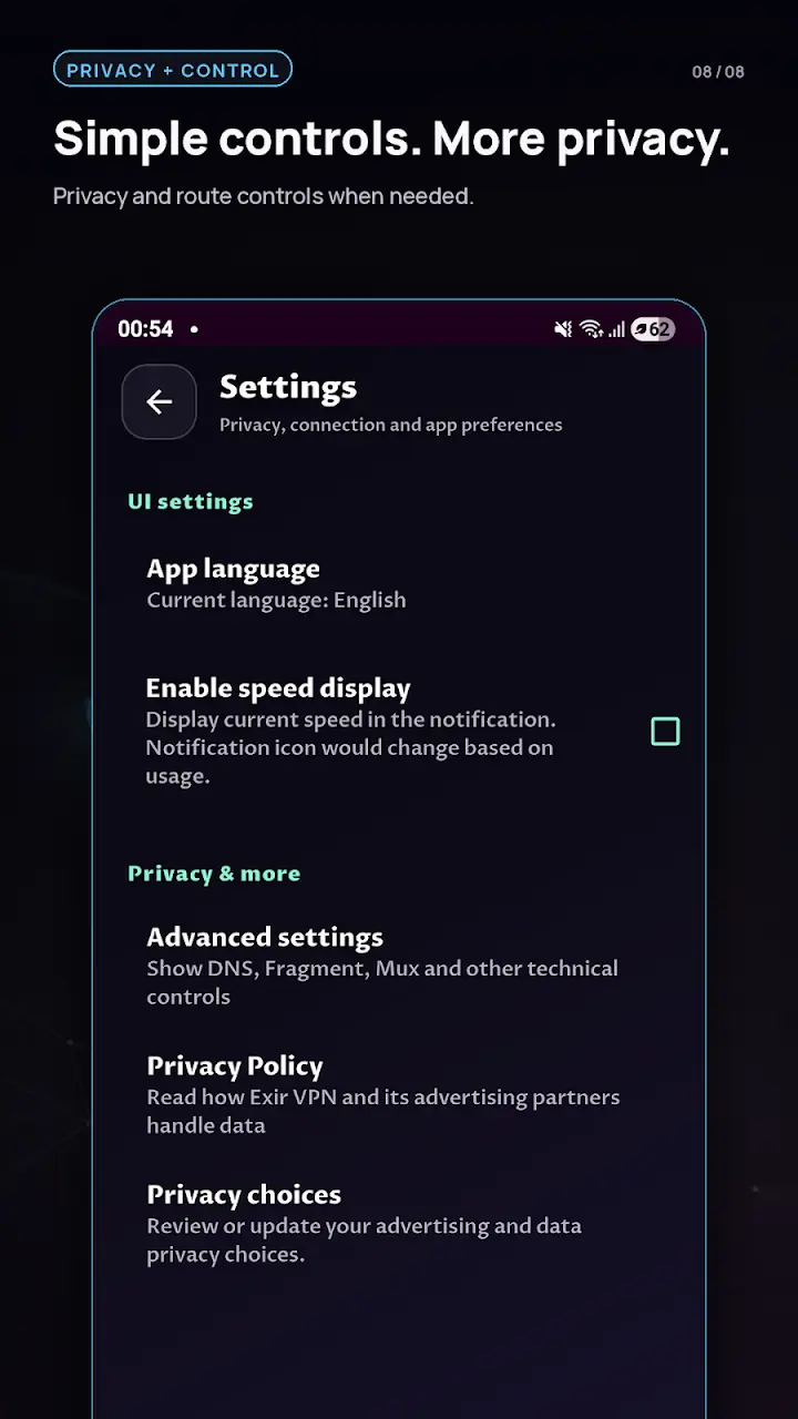 VPN privacy and advanced settings