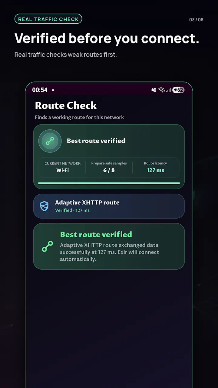 Exir VPN verifies a working route before connection