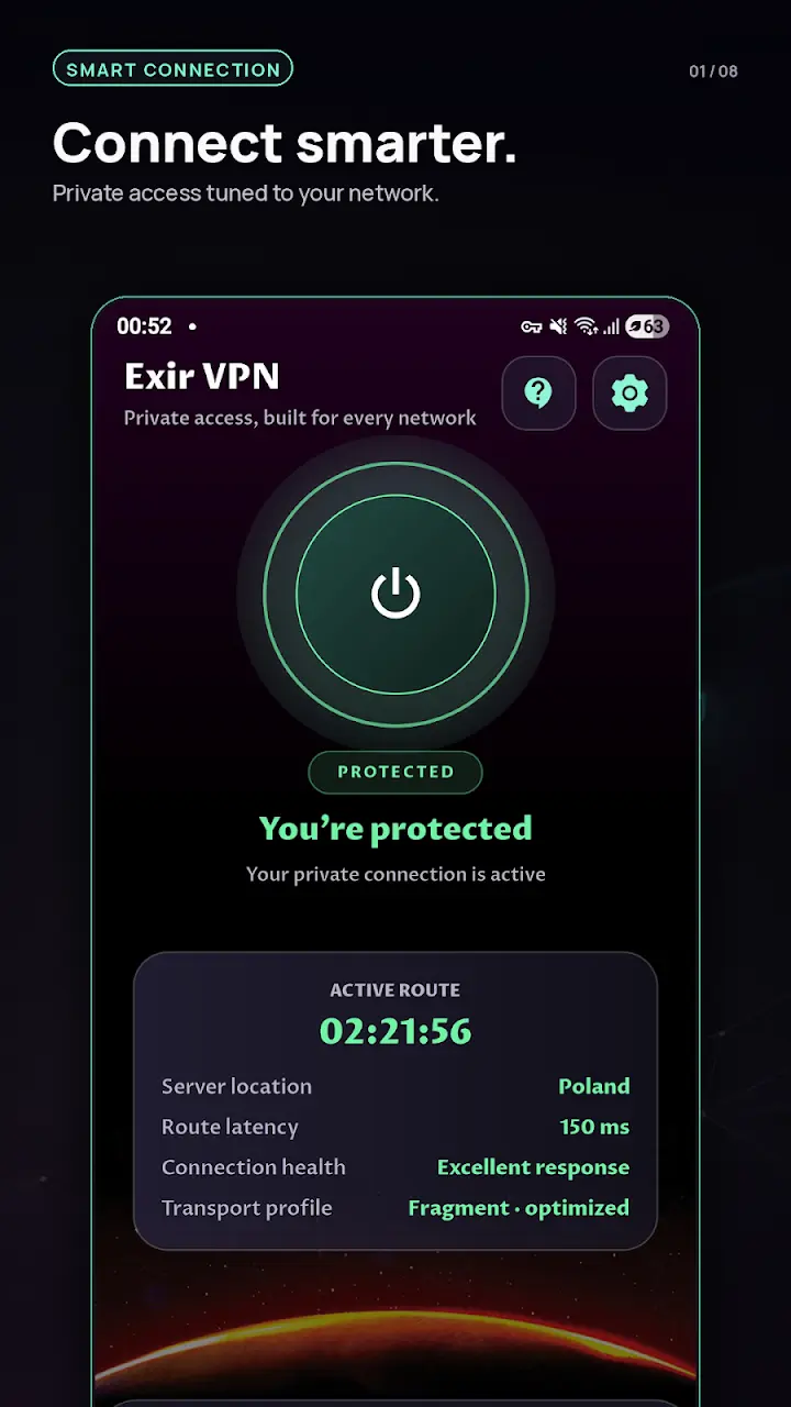 Exir VPN connected screen with active route details